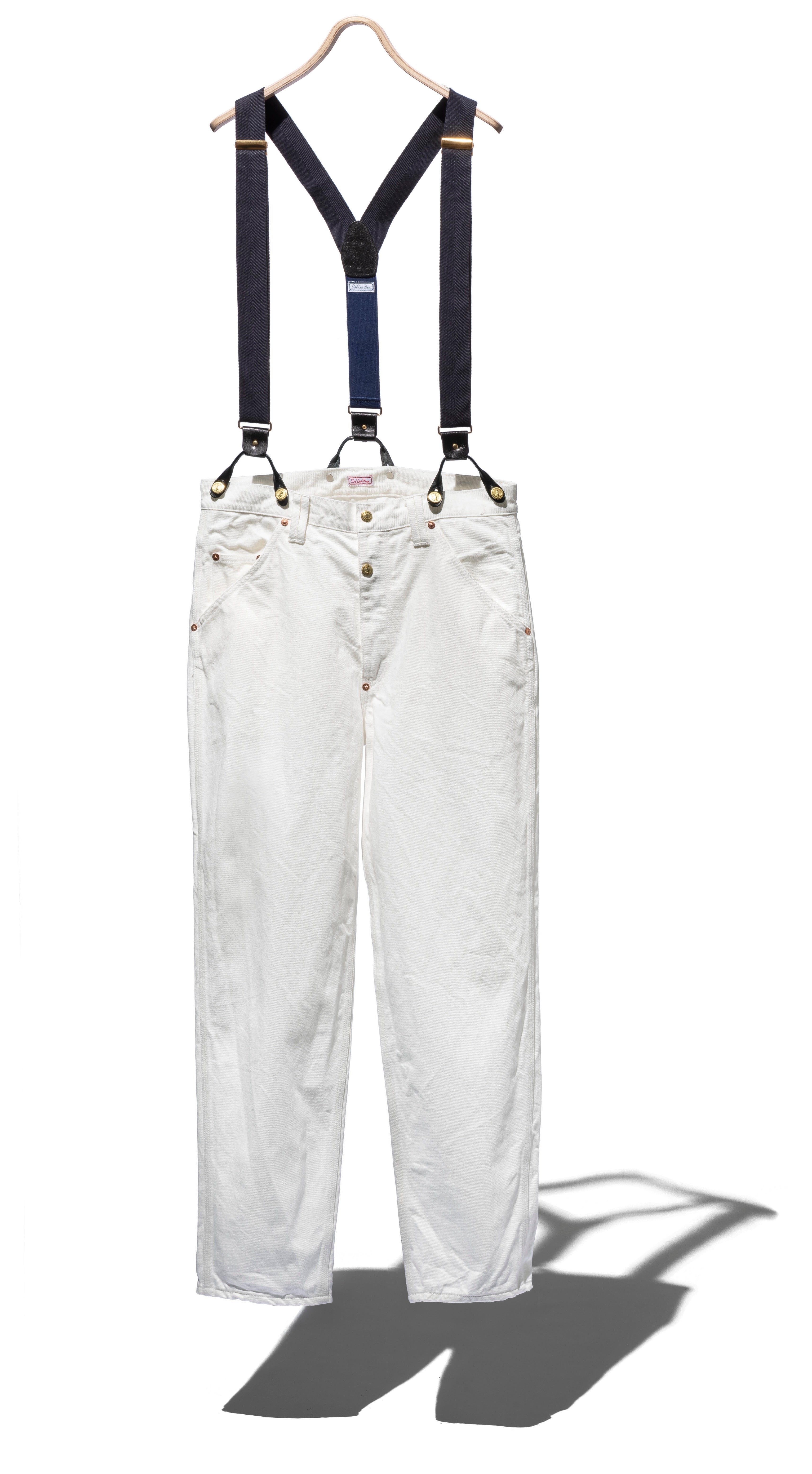 WHITE DENIM SUSPENDER PANTS – TAPERED FIT – WORDS, SOUNDS, COLORS
